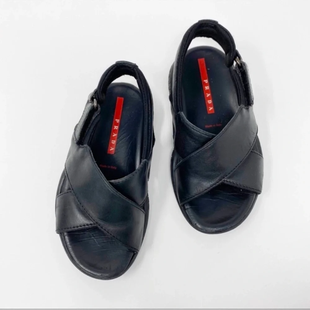 Authentic Prada luxury designer brand toddler boys black leather sandals sz 9